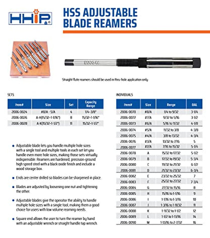 HHIP 2006-0082 23/32-25/32" High Speed Steel Adjustable Blade Reamer, 6 Blades, 7" OAL, Size E - size: E (23/32-25/32"), style: HHIP Adj. Reamers