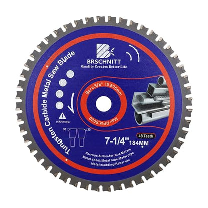 7-1/4" Metal Cutting Circular Saw Blade - BRSCHNITT 1pcs Tungsten Carbide Tipped TCT Saw Blades for Iron, Iron Pipe, Ferrous Metals 48T Arbor:5/8" - size: 184MM（7-1/4"）
