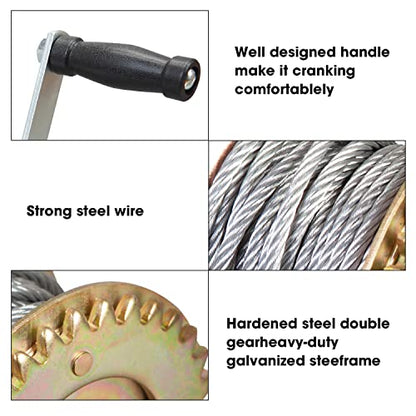 Torin Heavy‑Duty Hand Winch, 1600 Lbs Pull Capacity, 32.8ft Steel Wire Cable, Silver Manual Crank Winch for Boat, ATV, Trailer Towing - size: 1600 lbs, style: Steel Cable