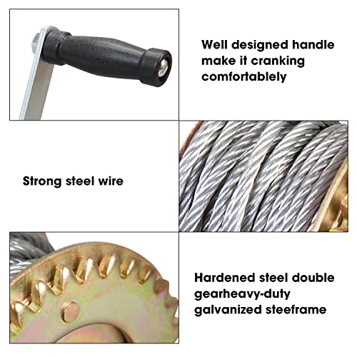 Torin Heavy‑Duty Hand Winch, 1600 Lbs Pull Capacity, 32.8ft Steel Wire Cable, Silver Manual Crank Winch for Boat, ATV, Trailer Towing - size: 1600 lbs, style: Steel Cable