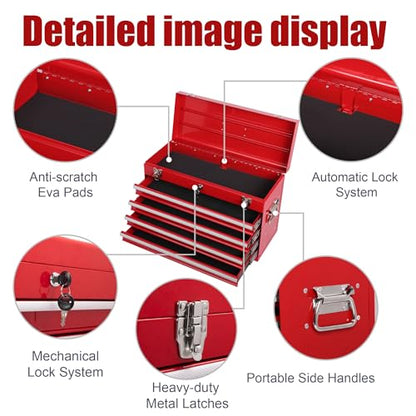 Heavy Duty Metal Tool Box, 21-inch, Portable Metal Tool Box with 4 Drawers, Small Tool Chest with EVA Liners, Ball Bearing Slide Drawers Locking & Powder Coated Finish, Multi-Function Tool Organizer - color: Tool Box-red