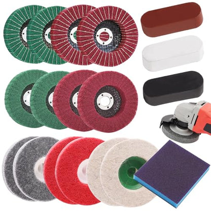 18Pcs 4 Inch Buffering Wheels Polishing Kit with Compound for Angle Grinder,Includes 14Pcs Nylon Fiber Flap Disc & Wool Felt Polishing Wheel,3Pcs Buffing Compounds and Sanding Sponge - size: 4 Inch - 18pcs