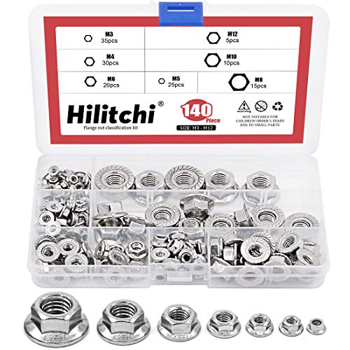 Hilitchi 140-Pcs M3 M4 M5 M6 M8 M10 M12 Hex Flange Nuts Assortment Kit - 304 Stainless Steel - size: 140Pcs Metric Hex Flange Nuts