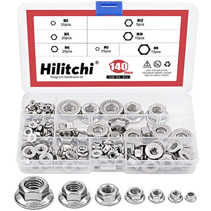 Hilitchi 140-Pcs M3 M4 M5 M6 M8 M10 M12 Hex Flange Nuts Assortment Kit - 304 Stainless Steel - size: 140Pcs Metric Hex Flange Nuts