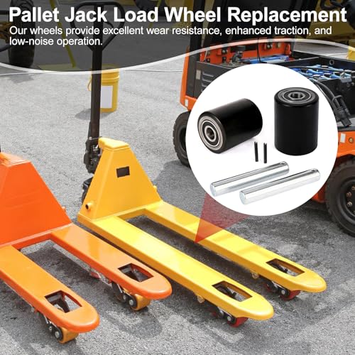 Two Packs of Pallet Jack/Truck Wheels 3” x 3.75” PU Poly Tread, 20mm ID Bearings, Full Set with Axles, Pins and Entry Exit Roller - color: Black