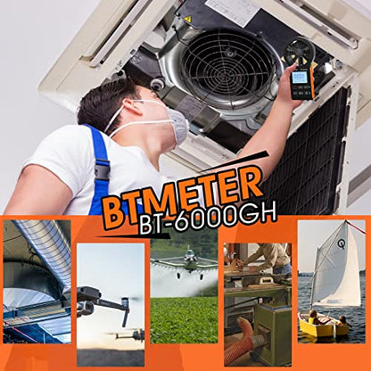 BTMETER Anemometer CFM Wind Meter, Air Flow Gauge Measure Wind Speed 0.3~30m/s, Monitor Airflow Volume 0-999900 ft3/min for HVAC Duct Air Vent/Drone/Sailing, Touch-Screen Windometer BT-6000GH