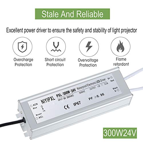 LED Driver 300 Watts(150W X2) 24V DC Transformer， Waterproof IP67 Power Supply, 24V DC Low Voltage Output Adapter with 3-Prong Plug 3.3 Feet Cable for LED Light, Computer Project, Outdoor Light - size: 300W-24V