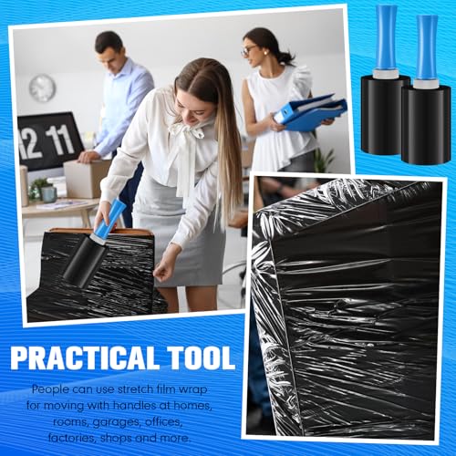 Jutom 16 Pcs Mini Stretch Film Industrial Shrink Wrap Roll Plastic Film for Moving 2 Handles 5" x 1000 ft Pallet Wrap Packaging Self Adhering Shipping for Moving Furniture Packing (Black,Blue) - color: Black