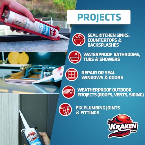 Kraken Bond RTV Silicone Sealant White (12 x 10.1 fl.oz.)%100 Waterproof Silicone Caulk Kitchen and Bathroom, All Purpose, Window Caulking Sealant Outdoor, RV, 12 Pack - size: 12 Pack