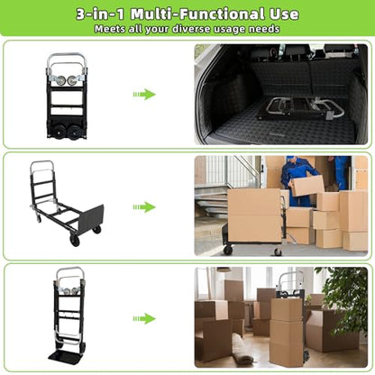 3 in 1 Folding Hand Truck, 600Lbs Capacity, Heavy Duty Collapsible Cart with Retractable Handle and 4 Rubber Wheels, Moving Dolly for Moving Home, Office, Food Service, Shopping Mall, Warehouse - color: Black