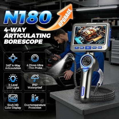 4-Way Articulating Borescope,1080P 8X Zoom 6.2mm Probe for Auto Engine - size: 4-Way 360°