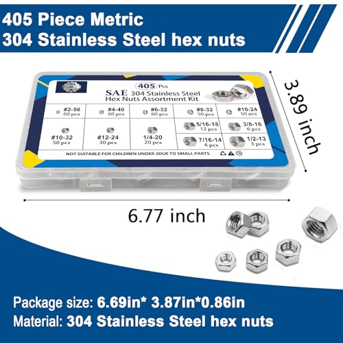 ZQZ 405 Pcs SAE Hex Nuts Assortment Kit Stainless Steel (#2-1/2) Nut Set - size: SAE Hex Nuts Assortment;405 PCS