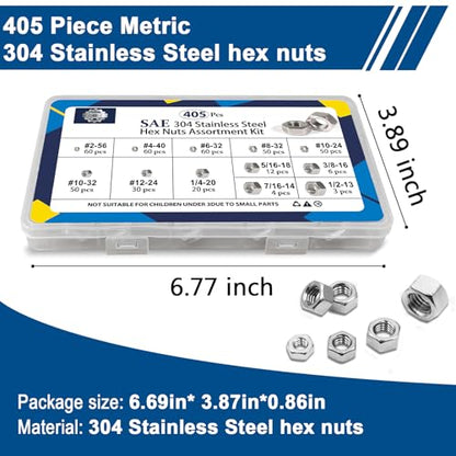 ZQZ 405 Pcs SAE Hex Nuts Assortment Kit Stainless Steel (#2-1/2) Nut Set - size: SAE Hex Nuts Assortment;405 PCS