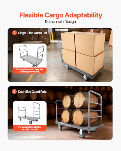 VEVOR 2 in 1Platform Truck, 2650 LBS Heavy Duty Flatbed Cart Dolly with Detachable Rear Guardrail and Swivel Wheels, Foldable Hand Push Truck Cart for Groceries, Garage, Warehouse (48"×24") - size: 48.0 x 24.0 x 36.2 in/1220 x 610 x 920 mm
