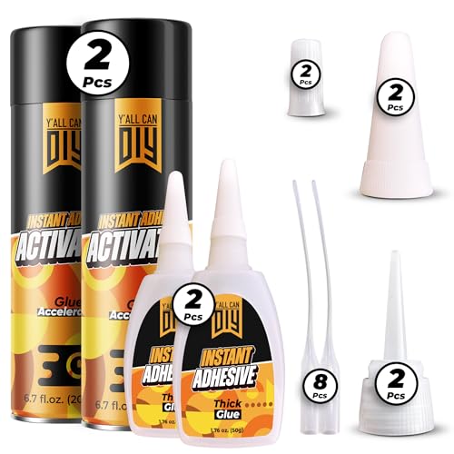 CA Glue with Activator (2 x 1.76 oz. + 2 x 6.76 fl oz.) - Industrial-Grade Cyanoacrylate Adhesive and Super Glue Accelerator for Woodworking, Crafts, DIY, and Repairs, Instant Glue Bond - size: 2 Pack