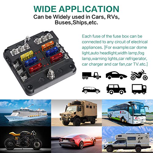 6 Way Fuse Block,12V Blade Fuse 6 Circuit ATC/ATO Waterproof Fuse Box Holder with LED Indicator Waterpoof Cover for 12V/24V Automotive Truck Boat Marine RV Van Vehicle (with 8 pcs Fuse)