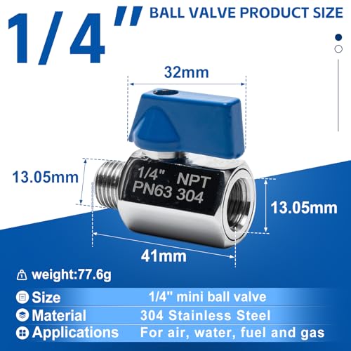 2 Pack 1/4" Mini Ball Valve, 304 Stainless Steel Valve NPT Female x Male Thread Shut-Off Valves for Small Compact Space (2, 1/4 Inch) - size: 1/4 Inch