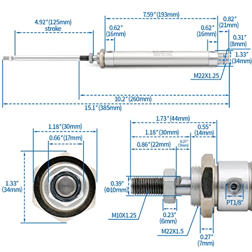 BAOMAIN Mini Pneumatic Air Cylinder 1" Bore 5" Stroke MAL 25x125 - style: Stroke 125 mm(4.92 inch)