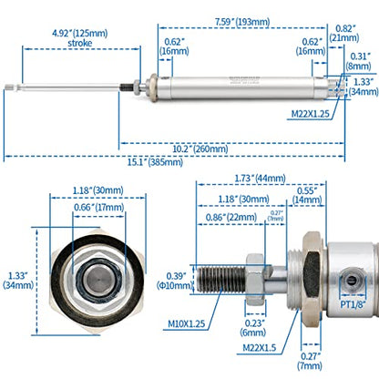 BAOMAIN Mini Pneumatic Air Cylinder 1" Bore 5" Stroke MAL 25x125 - style: Stroke 125 mm(4.92 inch)