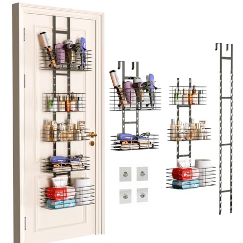 Yuyetuyo 5-Tier Over The Door Organizer Bathroom - Hair Dryer Holder - Hair Tool Organizer Adjustable Height, DIY Bathroom Storage Shelf Wall Mounted for Flat/Curling Irons, Straighteners, Skincare - color: Black, size: 5-Tier