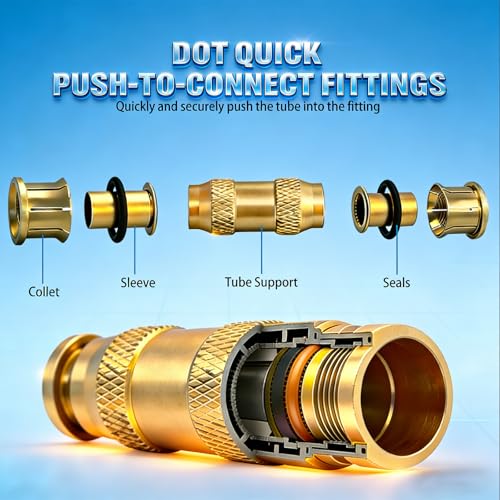 3/8" DOT Brass Push to Connect Air Brake Fitting, 4 Pack Pneumatic Tube Union Connector, 3/8Inch Tube OD Push-in Fitting for Truck Trailer Air Lines & Industrial Piping Systems - size: 3/8inch