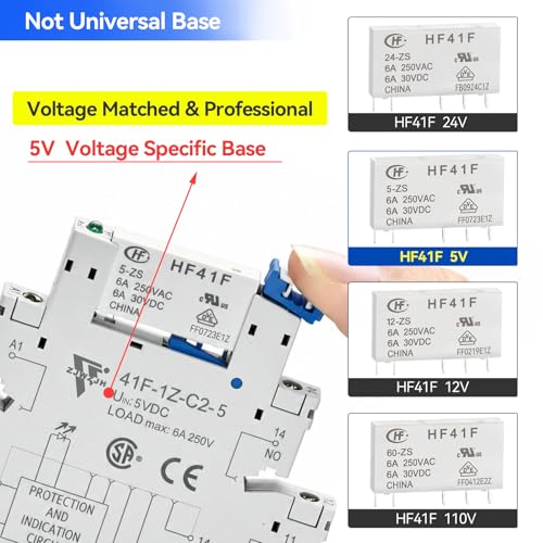 3 Pcs Miniature 5 Volt DC Relay HF41F/5-ZS 5 Pin 1NO 1NC 6A SPDT with LED Indicator, Socket Base and DIN Rail Module - size: 5V DC