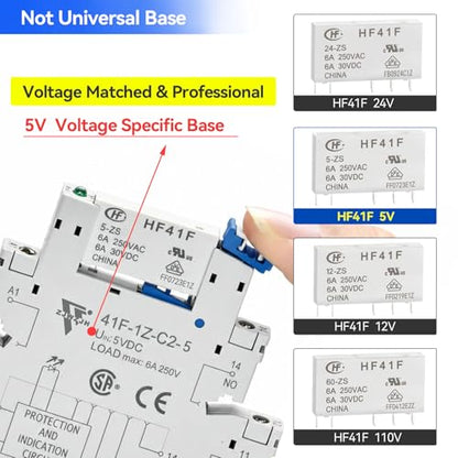 3 Pcs Miniature 5 Volt DC Relay HF41F/5-ZS 5 Pin 1NO 1NC 6A SPDT with LED Indicator, Socket Base and DIN Rail Module - size: 5V DC