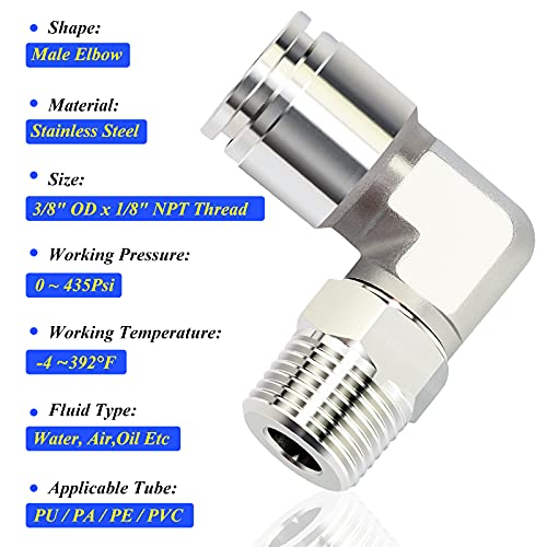 TAILONZ PNEUMATIC 304 Stainless Steel Male Elbow - 3/8 Inch Tube OD x 1/8 Inch NPT Thread 90 Push to Connect Tube Fitting PL-3/8-N1 (Pack of 5) - size: 3/8''OD 1/8''NPT