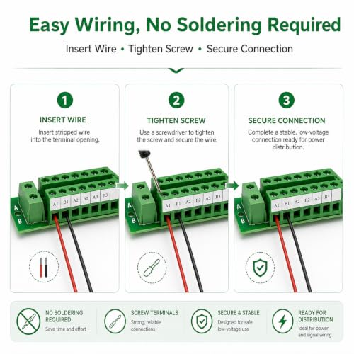 10A 48V Terminal Block Distribution Module, 2×12 Screw Terminal Power Distribution Board for Car, RV, Boat, LED, Model Railroad, and DIY Low-Voltage Wiring Projects