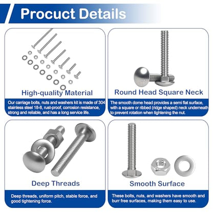 1/4-20 x 1-1/2" Carriage Bolt Kit 20 Sets, 304 Stainless Steel Coach Bolts - size: 1/4-20 x 1-1/2" (20 Sets)