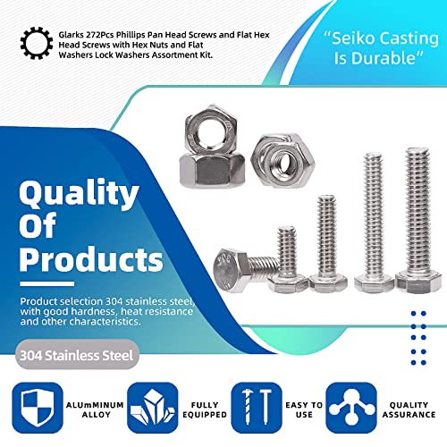 Glarks 272Pcs Phillips Pan Head Screws & Outer Hexagon Screws with Hex Nuts and Flat Washers Lock Washers Assortment Kit, 304 Stainless Steel Hardware Machine Screws Assortment Set with Storage Case - size: 1/4-20, 5/16-18, 1/4, 5/16, 3/8-16