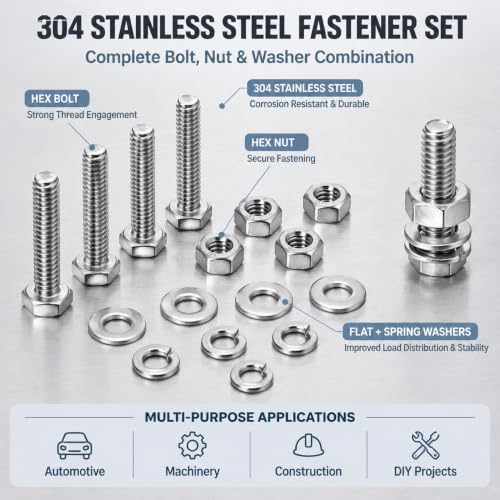 1/4-20 x 1 Hex Bolts, with Hex Nuts, Flat & Lock Washers Kit - size: 1"