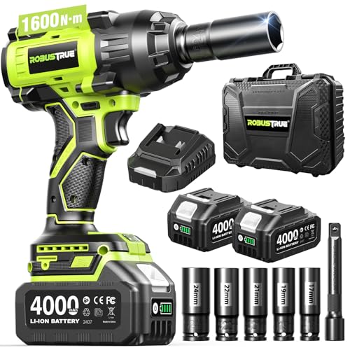 Robustrue 1600N.m (1180ft-lbs) Cordless Impact Wrench, 1/2 High Torque Brushless Impact Gun, 2400RPM Power, 2 x 4.0Ah Batteries, Fast Charger, Impact Wrench for Heavy Duty Truck RV Mower