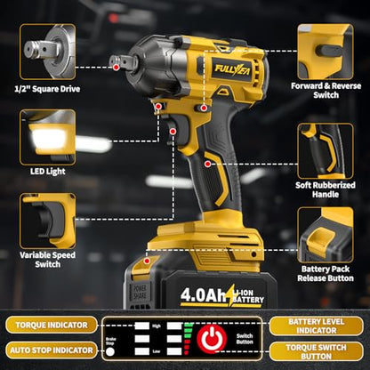 FULLYEA Cordless Impact Wrench 1/2, Max 550N. M/406Ft-lbs High Torque Brushless Impact Wrench, Power Impact Gun Kit with 21V 4.0Ah Battery & Fast Charger, Electric Impact Driver for Truck RV Home Car