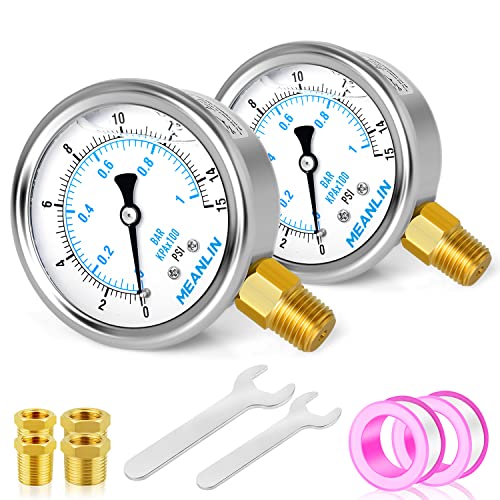MEANLIN MEASURE 0~15Psi Stainless Steel 1/4" NPT 2.5" FACE DIAL Liquid Filled Pressure Gauge WOG Water Oil Air Lower Mount (Pack of 2), with 1/2" NPT and 3/8" NPT Hex Bushing - size: 0-15Psi (2Pcs)