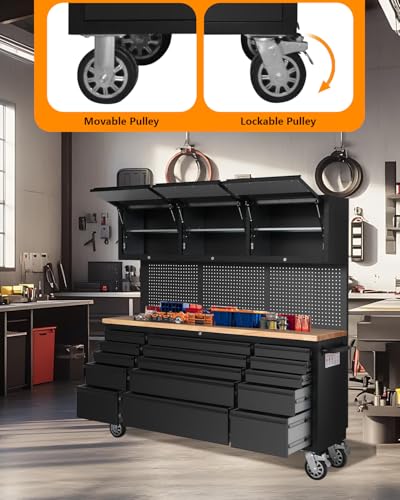 75" Tool Chest Tool Box, Heavy Duty Tool Chest Cabinet with 15 Drawers and 3 Upper Cabinets Combination Tool Cabinet, Large Tool Bench Organizer with Wood Top and Pegboard for Garage, Black - size: 72 in wIth 15 Drawers