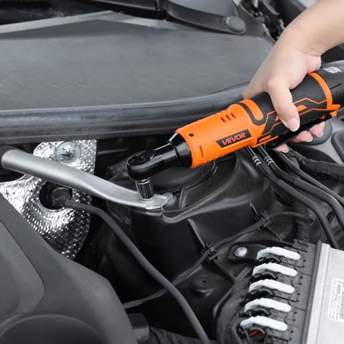 VEVOR Cordless Ratchet Wrench, 3/8 inch Drive, 240 RPM, up to 33 ft-lbs of Torque, Battery Powered Electric Ratchet Wrench Set with Two 2.0Ah Batteries, Charger, Sockets, Adaptor and Extension Bar - size: 11.22 in, style: Standard