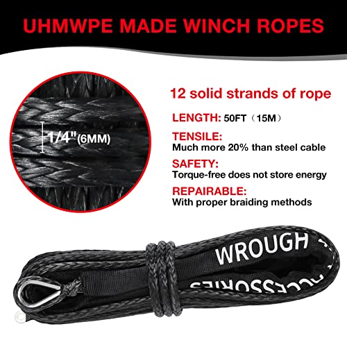 1/4" Synthetic Winch Rope 50 ft 10,000 lb UHMWPE Winch Cable Replacement Kit with Steel Hook, Aluminum Fairlead, Rubber Stopper, Protective Sleeve, Compatible with ATV UTV Truck Winches, Black - color: Black, size: 1/4 In x 50 Ft Upgraded