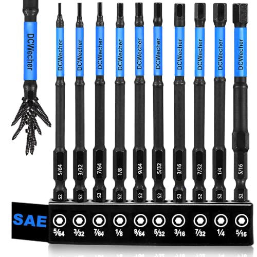 10-Piece Impact Allen Key Drill Bit Set - 4-Inch Long Hex Bit Set (SAE), Magnetic Head, S2 Alloy Steel, 1/4'' Hex-Shank, for DIY Furniture Assembly & Car Repairs, by DCWecher - size: 4 inch 10 Pieces (SAE)