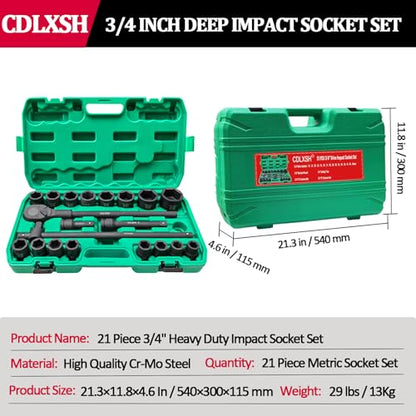 3/4" Drive Impact Socket Set, 21 Pcs Heavy Duty Large Socket Set - style: 3/4in-21Pcs-Metric