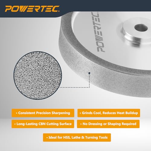 POWERTEC CBN Grinding Wheel 6 Inch 180 Grit, 1" Wide, 1/2" Arbor – Bench Grinder Sharpening Wheel for HSS Tools, Lathe Chisels, and Woodturning Tools (15704) - style: CBN, 6" x 1", 180 Grit, 1/2" Arbor