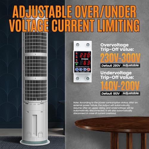 Adjustable Miniature Circuit Breaker 110/230VAC 2P 1~63Amps Adjustable Current Limit Quick Disconnect Overvoltage Undervoltage Time-delay Protection and Automatic Reset Circuit Breaker (Black)