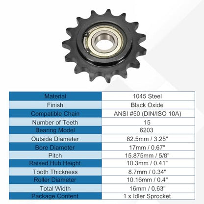 uxcell #50 Roller Chain Idler Sprocket, 17mm Bore 5/8" Pitch 15 Tooth - size: 17mm Bore 5/8" Pitch 15 Tooth