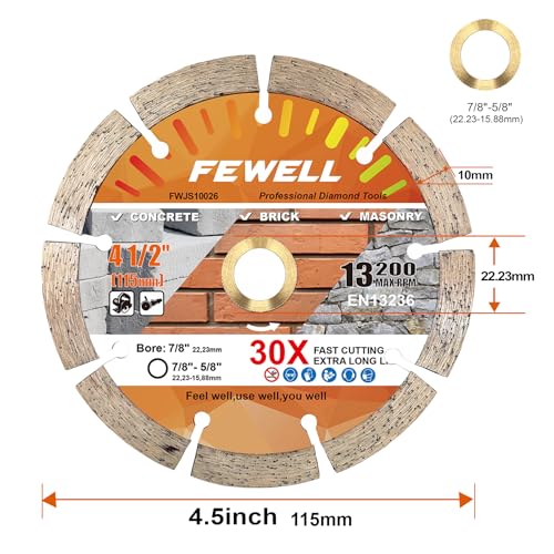 FEWELL 4 1/2 Inch Diamond Concrete Saw Blade,Segmented Concrete Blade for Angle Grinder Dry/Wet Cutting Masonry Brick Block Stone with 7/8"-5/8” Arbor - size: 4.5"