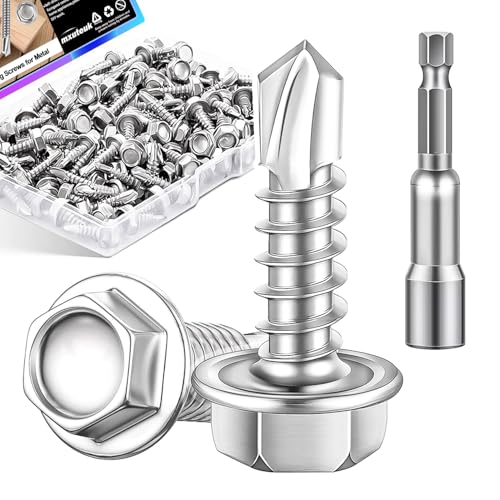 mxuteuk #8×1/2" Self Tapping Screws for Metal,410 Stainless Steel Self Drilling Screws,Hex Washer Head Sheet Metal Screws Suitable for Wood, Metal or Tough Materials (230PCS) - size: SV-#8 ×1/2