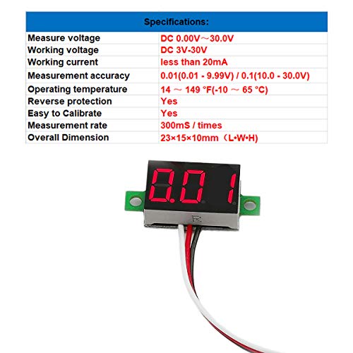 Pack of 5 DC 0-30V Digital Volt Meter, 3-Wire Voltage Gauge, Red LED