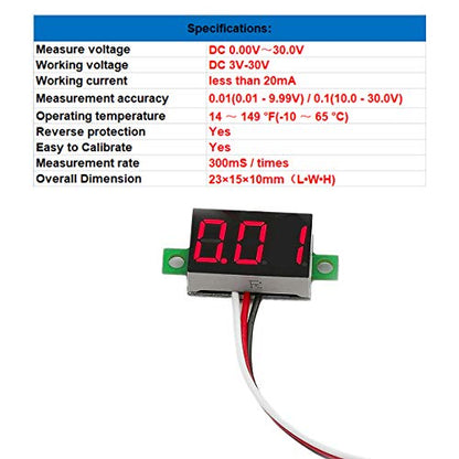 Pack of 5 DC 0-30V Digital Volt Meter, 3-Wire Voltage Gauge, Red LED