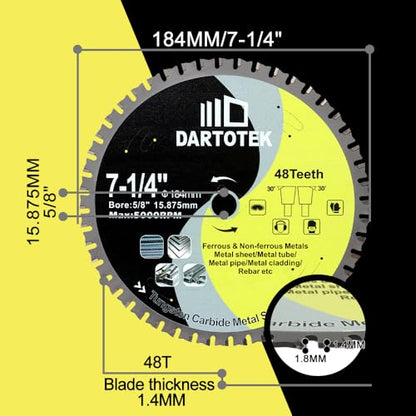 7-1/4 Inch Metal Cutting Circular Saw Blade 48T for Steel, TCT - size: 184 mm