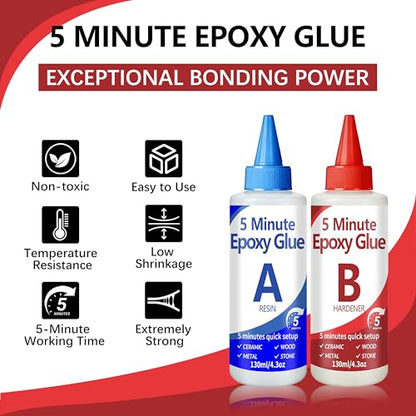5 Minute Epoxy Glue Kit, 260ml Clear Epoxy Adhesive Sturdy, Waterproof, Heat-Resistant, Fast Curing, 5 Min Epoxy Glue All Purpose, Metal, Plastic, Wood, Ceramics, Glass and More