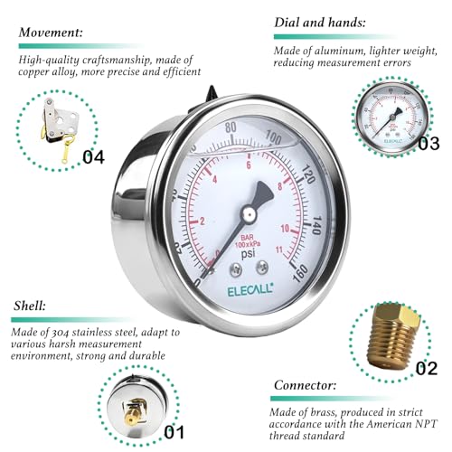 160psi Silicone Oil Pressure Gauge for Water Oil Air Pressure Test in Water Pump, Tire, Large Air Compressor, Well Pump, RV Regulator, 2-1/2" Stainless Steel Case, Back Mount 1/4" NPT - size: 0-160 Psi, style: Back Mount